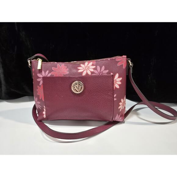 Anne Klein Burgundy & Pink Floral Crossbody Purse - Picture 1 of 8